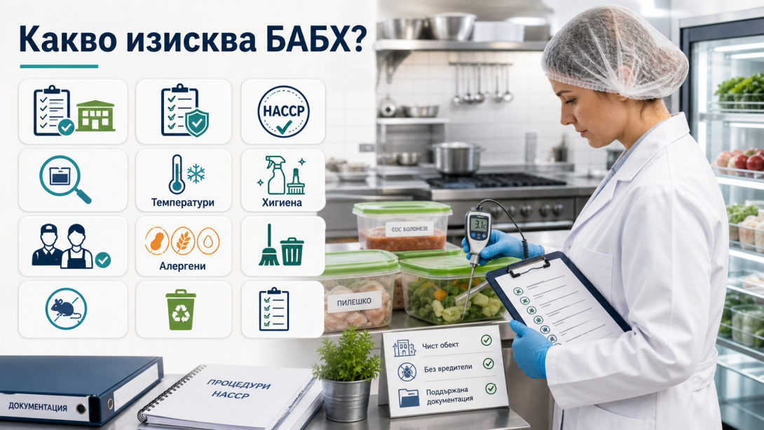 Инфографично изображение на инспектор, който проверява хранителен обект с термометър, HACCP документация и контролен списък